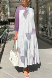 Bean Paste Pink Graphics Print O Neck 3/4 Sleeve Long Loose Vacation Casual Pleated Maxi Dresses