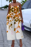 Dark Grey Graphics Print Backless Sleeveless Spaghetti Strap Casual Cami Wide Leg Jumpsuits
