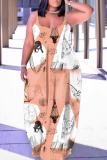 Green Graphics Print Backless Spaghetti Strap Sleeveless Vacation Loose Long Maxi Slip Dresses