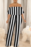 Black White Striped Print Off Shoulder Pocket Flounce Vacation Wide Leg Jumpsuits