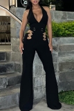 Black Sleeveless Backless Deep V Neck Hollow Out Casual Bodycon Halter Jumpsuits