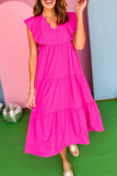 Rose Red V Neck Petal Sleeve Ruffle Trim Pocket Buttons Casual Vacation A Line Pleated Maxi Dresses