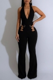 Black Sleeveless Backless Deep V Neck Hollow Out Casual Bodycon Halter Jumpsuits