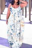 Green Graphics Print Backless Spaghetti Strap Sleeveless Vacation Loose Long Maxi Slip Dresses