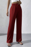 Claret High Waist Pocket Casual Formal Office Lady Wide Leg Suit Pants