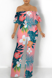 Light Yellow Floral Print Off Shoulder Pocket Flounce Vacation Wide Leg Jumpsuits