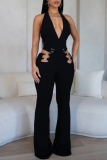 Black Sleeveless Backless Deep V Neck Hollow Out Casual Bodycon Halter Jumpsuits