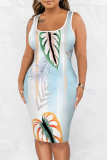 Dark Blue Graphics Print Sleeveless U Neck Casual Outing Plus Size Bodycon Midi Vest Dresses