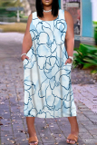 Navy Blue Graphics Print U Neck Sleeveless Pocket Casual Plus Size Maxi Tank Dresses