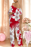 Light Yellow Floral Print Off Shoulder Pocket Flounce Vacation Wide Leg Jumpsuits