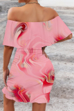 Pink Floral Print Ruffled Sleeve Flounce Off Shoulder Bodycon Mini Dresses