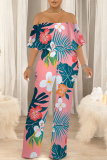 Light Yellow Floral Print Off Shoulder Pocket Flounce Vacation Wide Leg Jumpsuits
