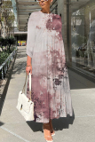 Bean Paste Pink Graphics Print O Neck 3/4 Sleeve Long Loose Vacation Casual Pleated Maxi Dresses