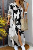 Black White Graphics Print Turndown Collar Long Sleeve Buttons Front Slit Casual Vacation Maxi Shirt Dresses