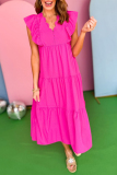 Rose Red V Neck Petal Sleeve Ruffle Trim Pocket Buttons Casual Vacation A Line Pleated Maxi Dresses