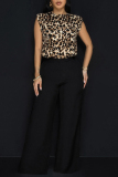 Leopard Print O Neck Sleeveless Tops And Wide Leg Pants Formal Office Lady Casual Two Pieces Trouser Sets
