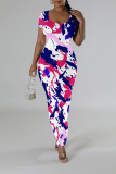 Red Geometric Print Short Sleeve O Neck Casual Outing Bodycon Maxi T-shirt Dresses