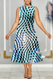 Multicolor Graphics Print Sleeveless O Neck Casual Vacation Pleated Midi Tank Dresses