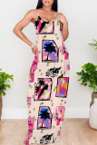 Rose Red Floral Print Sleeveless O Neck Casual Vacation Baggy Sundress Maxi Slip Dresses