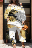 Graphic Graphcis Print Off Shoulder Long Sleeve Casual Vacation Harem Leg Jumpsuits