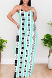 Black Geometric Print Sleeveless O Neck Casual Vacation Baggy Sundress Maxi Slip Dresses