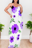Dark Blue Graffiti Print Sleeveless O Neck Casual Vacation Baggy Sundress Maxi Slip Dresses