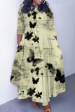 Multicolor Graphics Print O Neck 3/4 Sleeve Belted Pockets Long Vacation Casual Pleated A Line Maxi Dresses