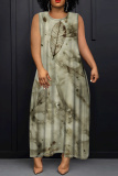 Army Green Casual Graphics Print Sleeveless O Neck Loose Vacation Maxi Tank Dresses