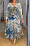 Light Purple Graphics Print V Neck Long Sleeve Plus Size Casual Vacation Maxi Dresses