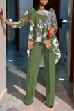 Khaki Graphics Print O Neck Long Sleeve Irregular Hem Tops And Pants Casual Formal Office Lady Two Pieces Trouser Sets