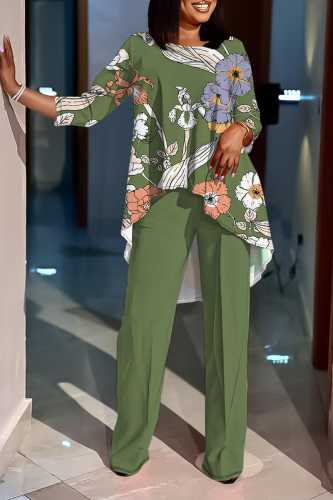Khaki Graphics Print O Neck Long Sleeve Irregular Hem Tops And Pants Casual Formal Office Lady Two Pieces Trouser Sets