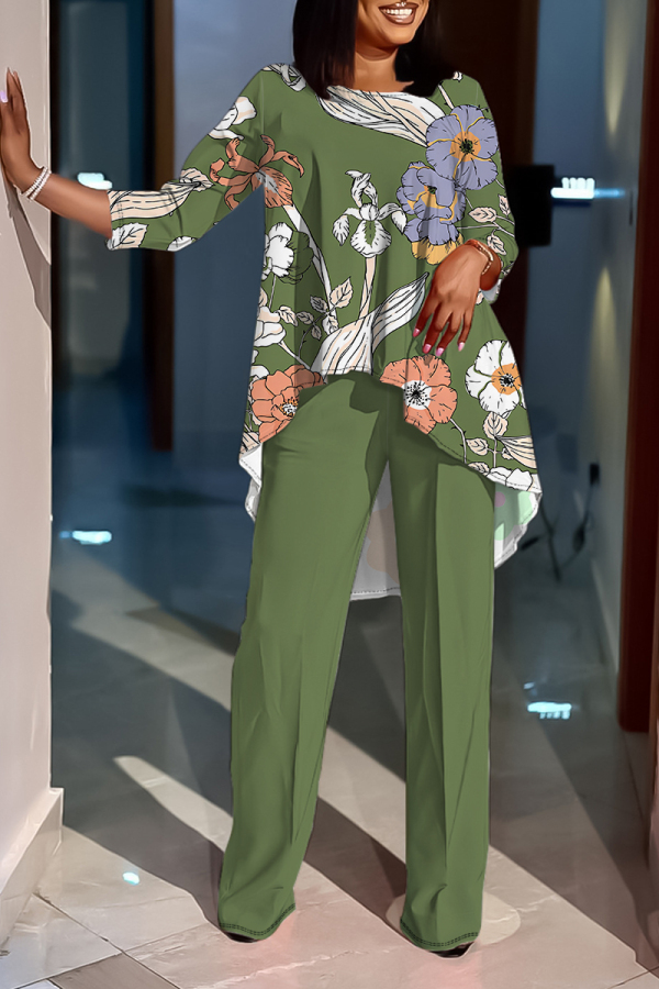 Khaki Graphics Print O Neck Long Sleeve Irregular Hem Tops And Pants Casual Formal Office Lady Two Pieces Trouser Sets