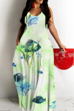 Rose Red Floral Print Sleeveless O Neck Casual Vacation Baggy Sundress Maxi Slip Dresses