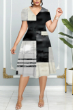 Green Graphics Print Patchwork V Neck Short Sleeve Vacation Casual Pleated Midi Flowy Dresses