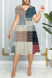 Green Graphics Print Patchwork V Neck Short Sleeve Vacation Casual Pleated Midi Flowy Dresses