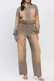 Olive Green Zipper Collar Long Sleeve Distressed Washed Sweatshirt And Pants Casual Two Pieces Trouser Sets