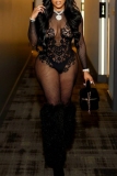 Black O Neck Long Sleeve See-Through Mesh Skinny Jumpsuits