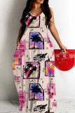 Rose Red Floral Print Sleeveless O Neck Casual Vacation Baggy Sundress Maxi Slip Dresses