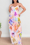 Rose Red Floral Print Sleeveless O Neck Casual Vacation Baggy Sundress Maxi Slip Dresses
