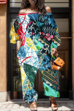 Graphic Graphcis Print Off Shoulder Long Sleeve Casual Vacation Harem Leg Jumpsuits