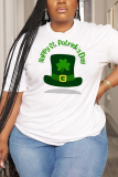 White Green Letter Shamrock Four Leaf Clover Print O Neck Short Sleeve Casual Oversize T-Shirts
