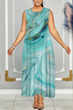 Lake Blue Casual Graphics Print Sleeveless O Neck Loose Vacation Maxi Tank Dresses