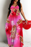 Rose Red Floral Print Sleeveless O Neck Casual Vacation Baggy Sundress Maxi Slip Dresses