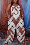 Multicolor Plaid Print Backless Sleeveless Spaghetti Strap Buttons Casual Cami Wide Leg Jumpsuits