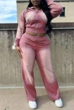 Olive Green Zipper Collar Long Sleeve Distressed Washed Sweatshirt And Pants Casual Two Pieces Trouser Sets