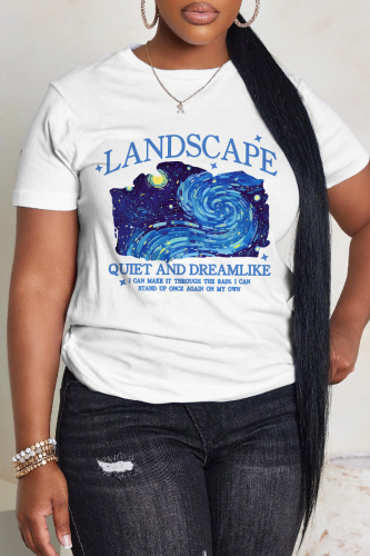White Blue Casual Graphics Print O Neck Short Sleeve Oversize Graphics T-Shirts