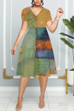 Green Graphics Print Patchwork V Neck Short Sleeve Vacation Casual Pleated Midi Flowy Dresses
