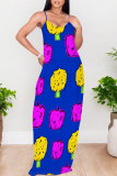 Dark Blue Graffiti Print Sleeveless O Neck Casual Vacation Baggy Sundress Maxi Slip Dresses