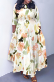 Multicolor Graphics Print O Neck 3/4 Sleeve Belted Pockets Long Vacation Casual Pleated A Line Maxi Dresses