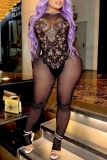 Black O Neck Long Sleeve See-Through Mesh Skinny Jumpsuits